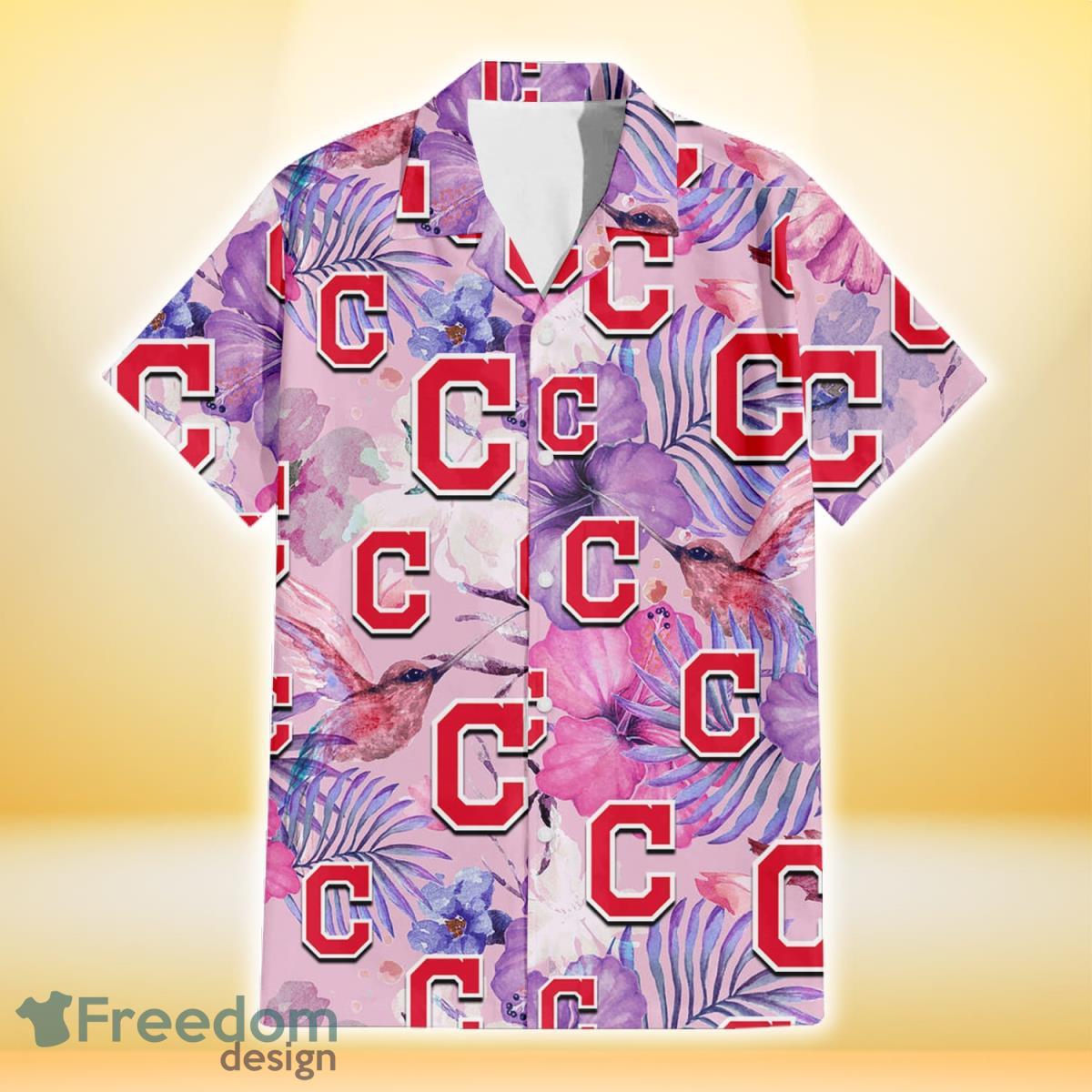 Cleveland Indians White Purple Hibiscus Pink Hummingbird Pink Background 3D Hawaiian Shirt Gift For Fans Product Photo 2