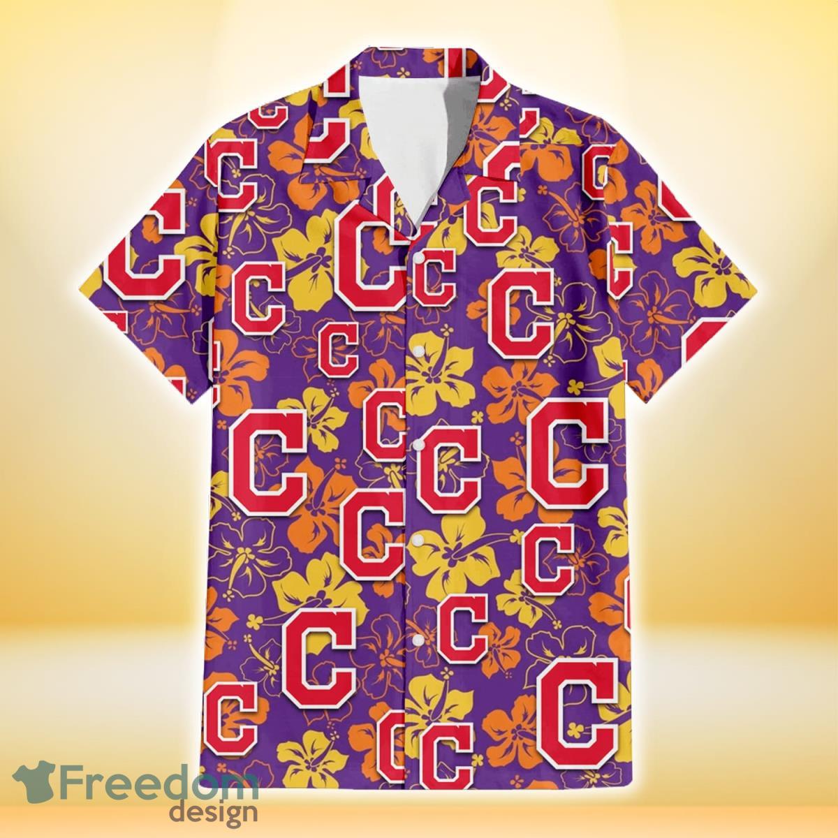 Cleveland Indians Yellow And Orange Hibiscus Purple Background 3D Hawaiian Shirt Gift For Fans Product Photo 2