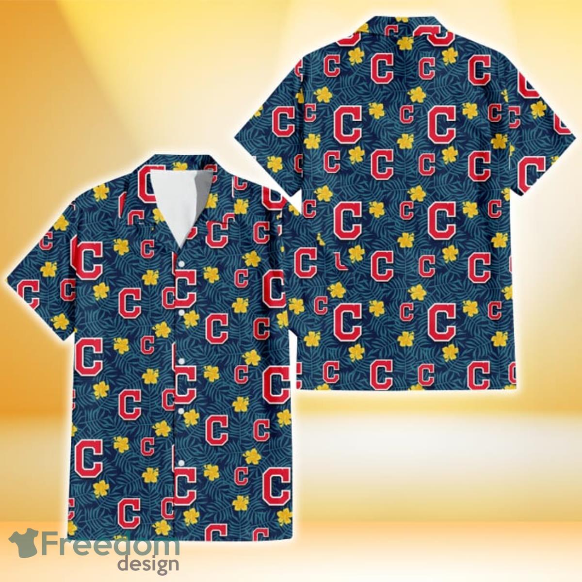 Cleveland Indians Yellow Hibiscus Cadet Blue Leaf Navy Background 3D Hawaiian Shirt Gift For Fans Product Photo 1