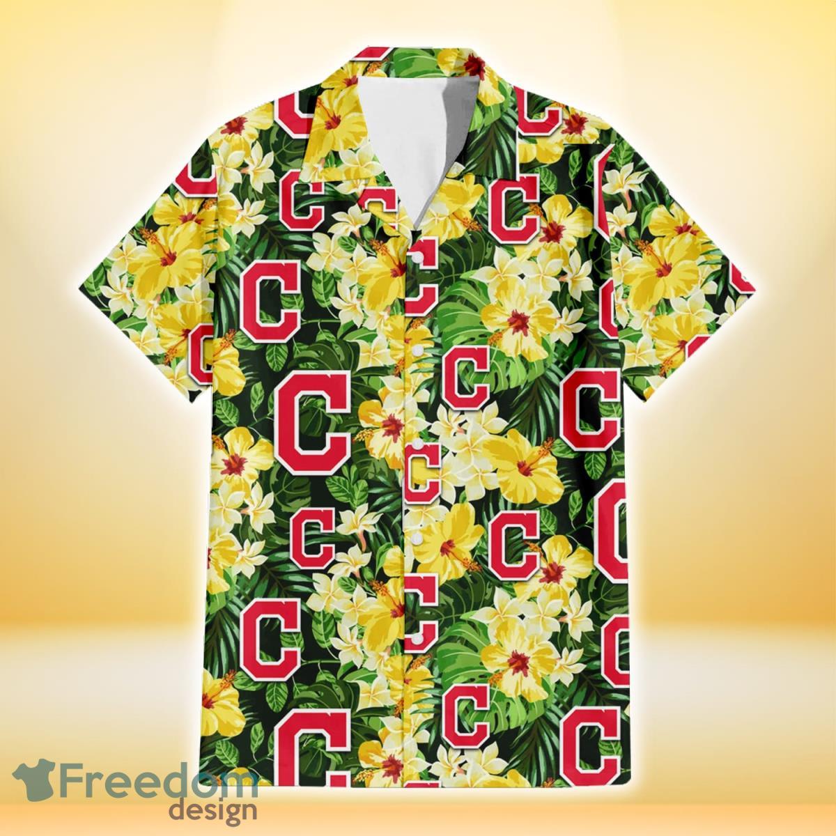 Cleveland Indians Yellow Hibiscus Tropical Green Leaf Black Background 3D Hawaiian Shirt Gift For Fans Product Photo 2