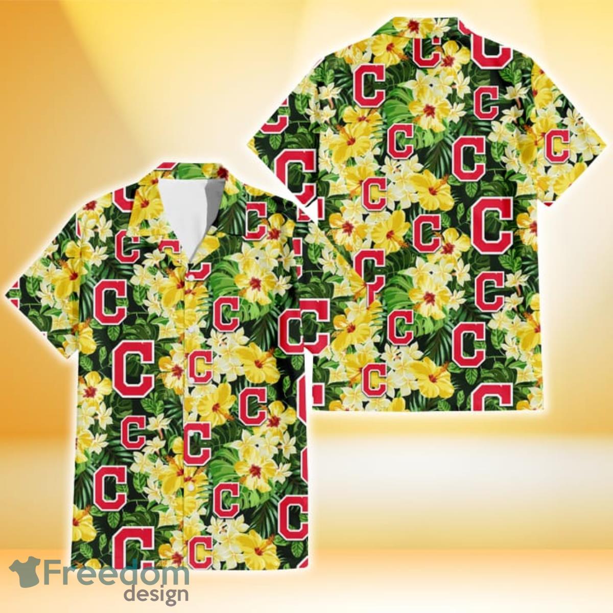 Cleveland Indians Yellow Hibiscus Tropical Green Leaf Black Background 3D Hawaiian Shirt Gift For Fans Product Photo 1