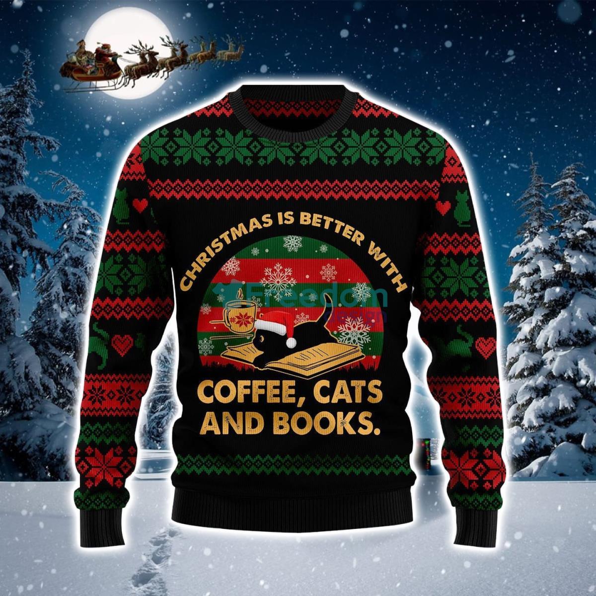 Coffee With Cat And Book Ugly Christmas Sweater Product Photo 1