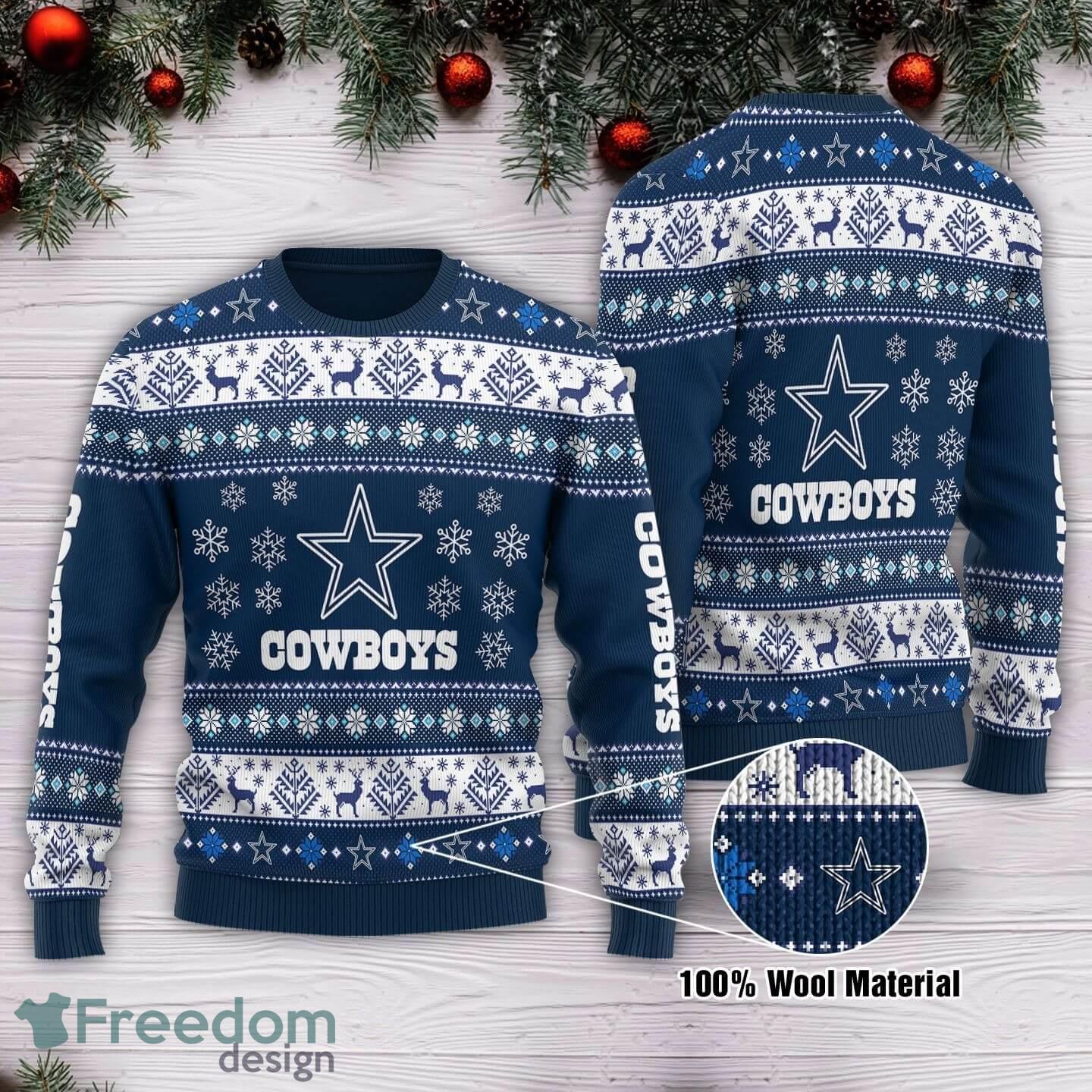 Cowboys NFL Snowflake Pattern Dallas Cowboys Light Ugly Christmas Sweater -  Freedomdesign