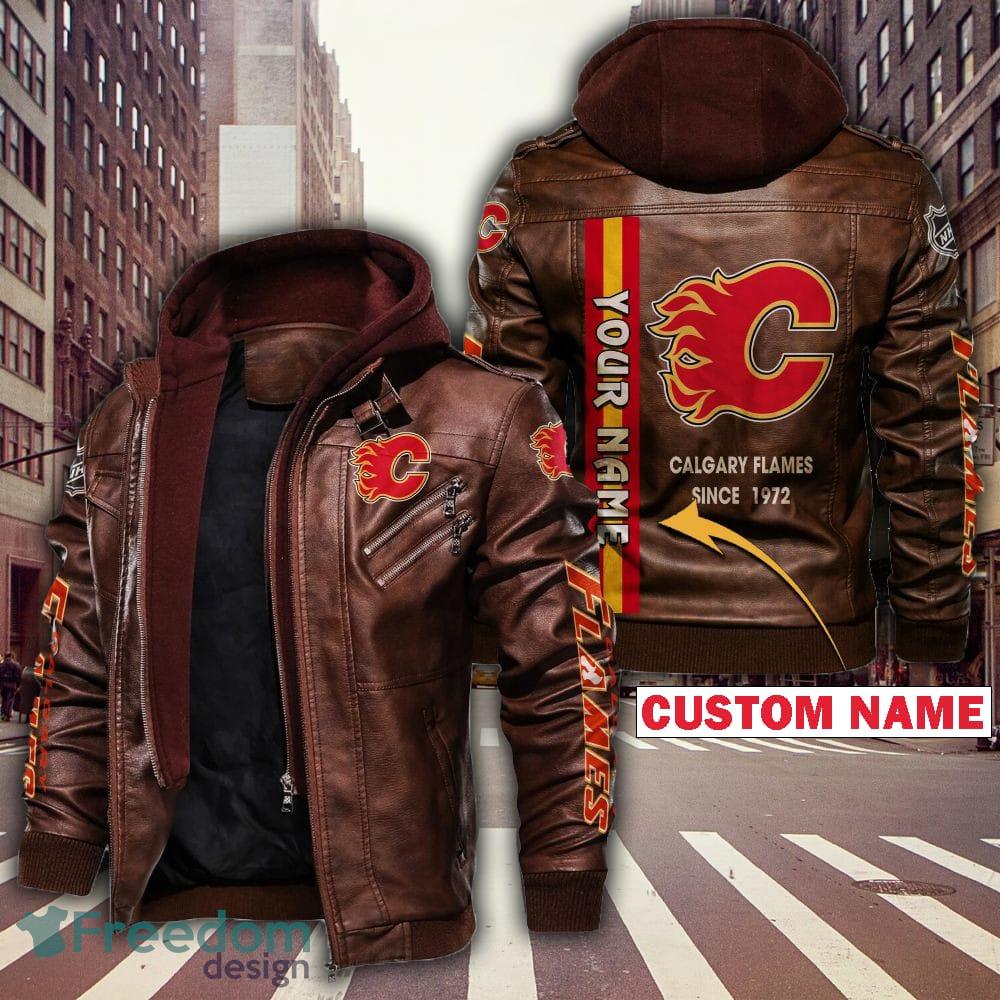 NHL Calgary Flames Design 5 Logo Black And Brown Leather Jacket For Fans -  Freedomdesign