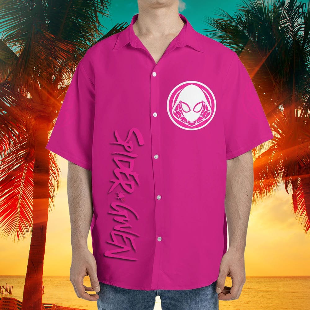 Custom Name Spider Man Across the Spider Verse Gwen Chibi Pink Hawaiian Aloha Shirt Gift For Men And Women image Custom Name Spider Man Across the Spider Verse Gwen Chibi Pink Hawaiian Aloha Shirt Gift For Men And Women - 010823-131033