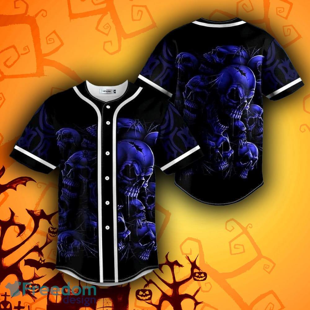 Custom Name Red Eyes Blue Fire Skull Baseball Jersey For Men And Women Gift  Halloween - Banantees