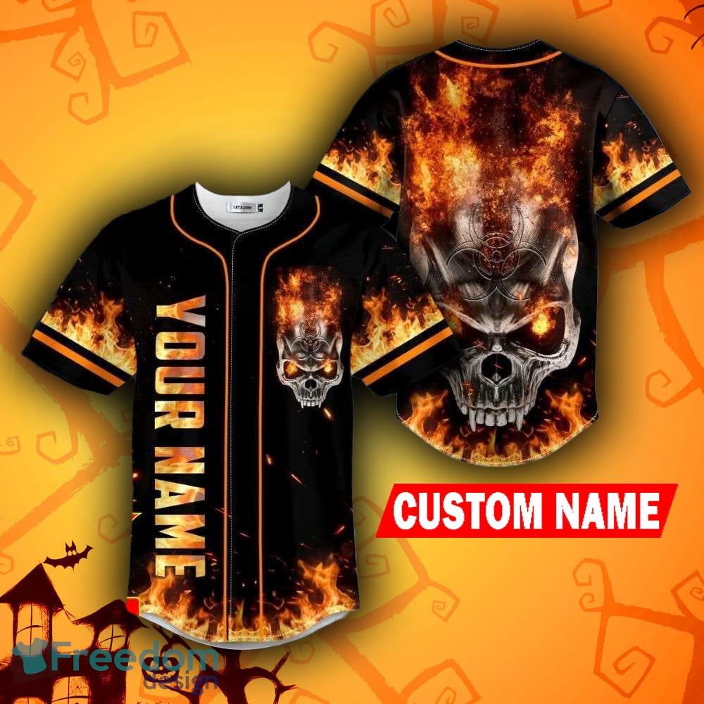 American Flag Firework Lightning Fire Skull Custom Name All Over Print Baseball  Jersey Shirt - Banantees