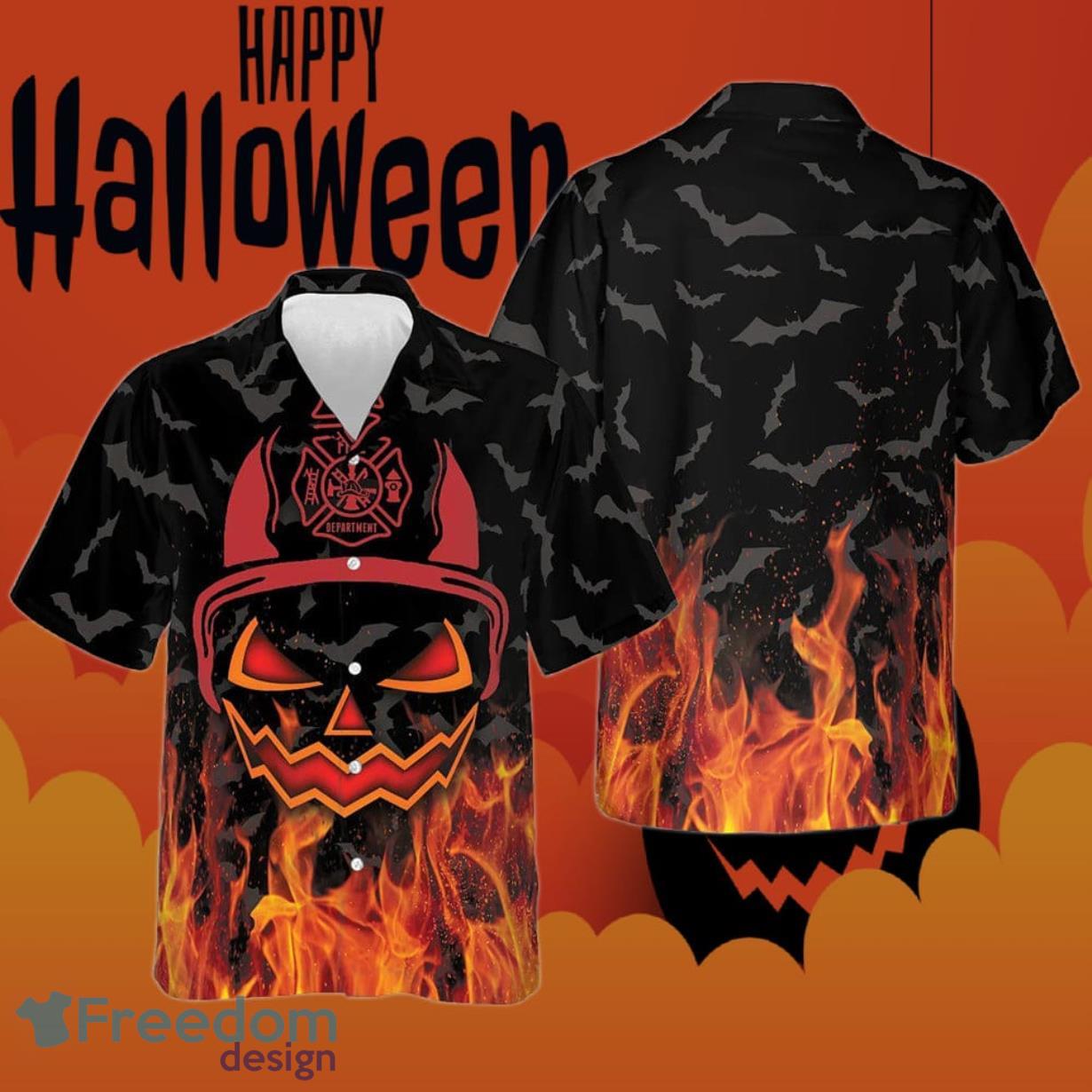 Firefighter Halloween Hawaiian Shirt Bat Red Fire Fireman Halloween Themed Aloha Shirt Product Photo 1