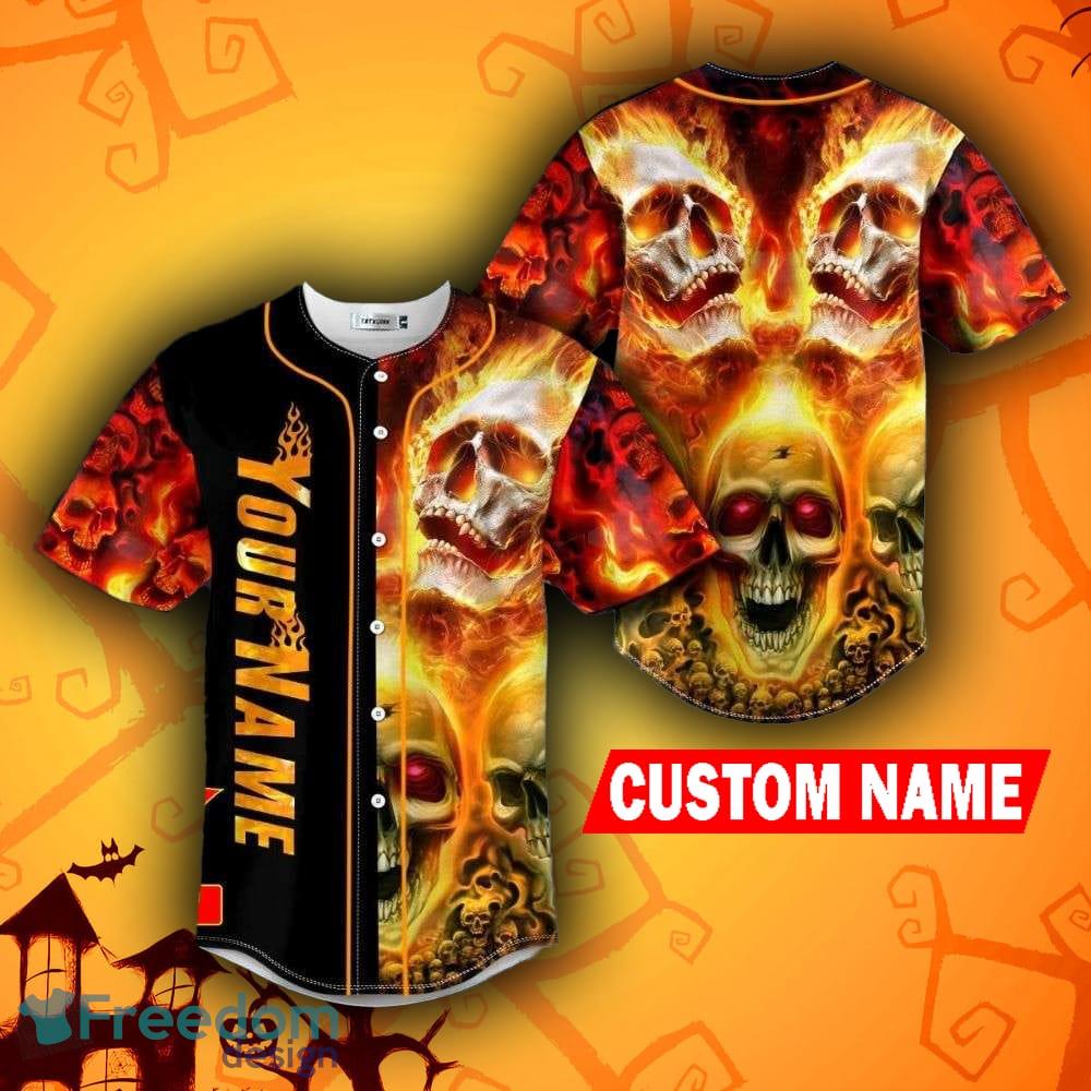Custom Name Halloween Skull Orange Baseball Jersey shirt - Beuteeshop