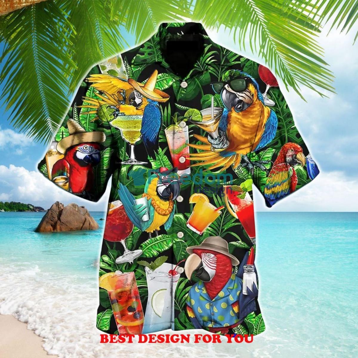 Funny Parrot Drinking Cocktail Style Print Over 3D Hawaiian Shirt Product Photo 1