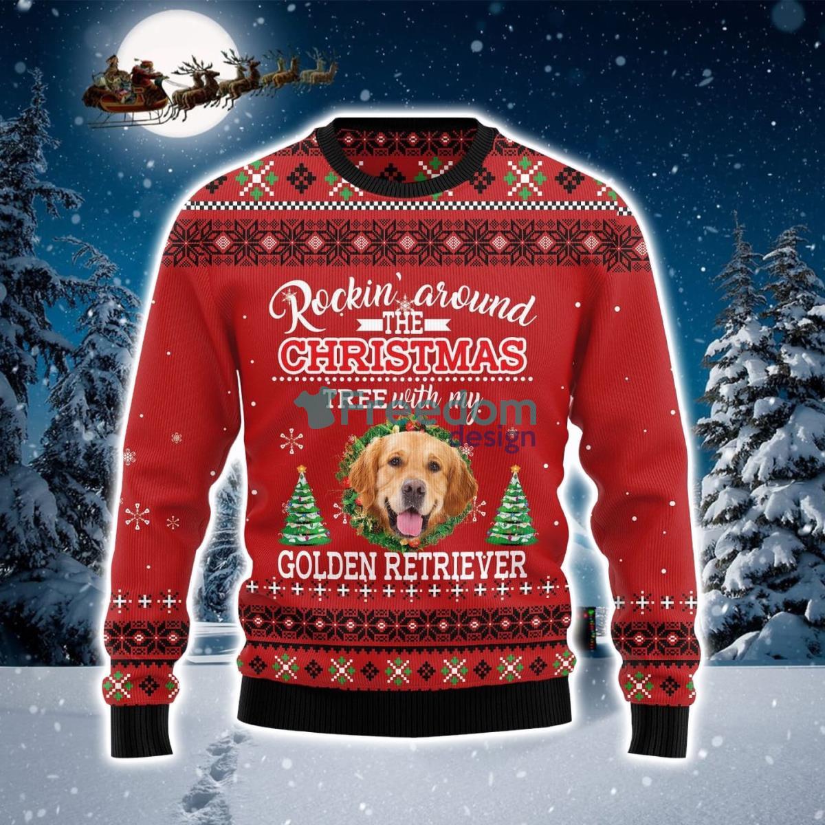 Golden Retriever On Red Ugly Christmas Sweater Product Photo 1