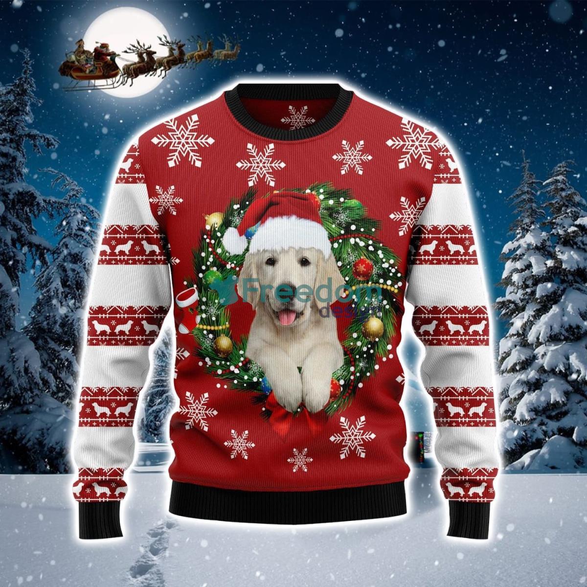 Golden Retriever Wearing Santaâ€˜s Hat Ugly Christmas Sweater Product Photo 1