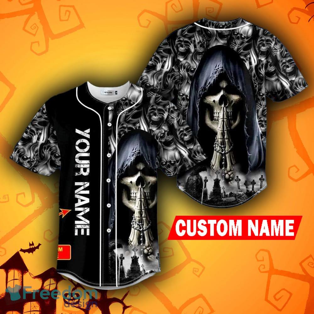 Grim Reaper Sand Clock Horned Halloween Skull Baseball Jersey Shirt Custom  Name - Banantees