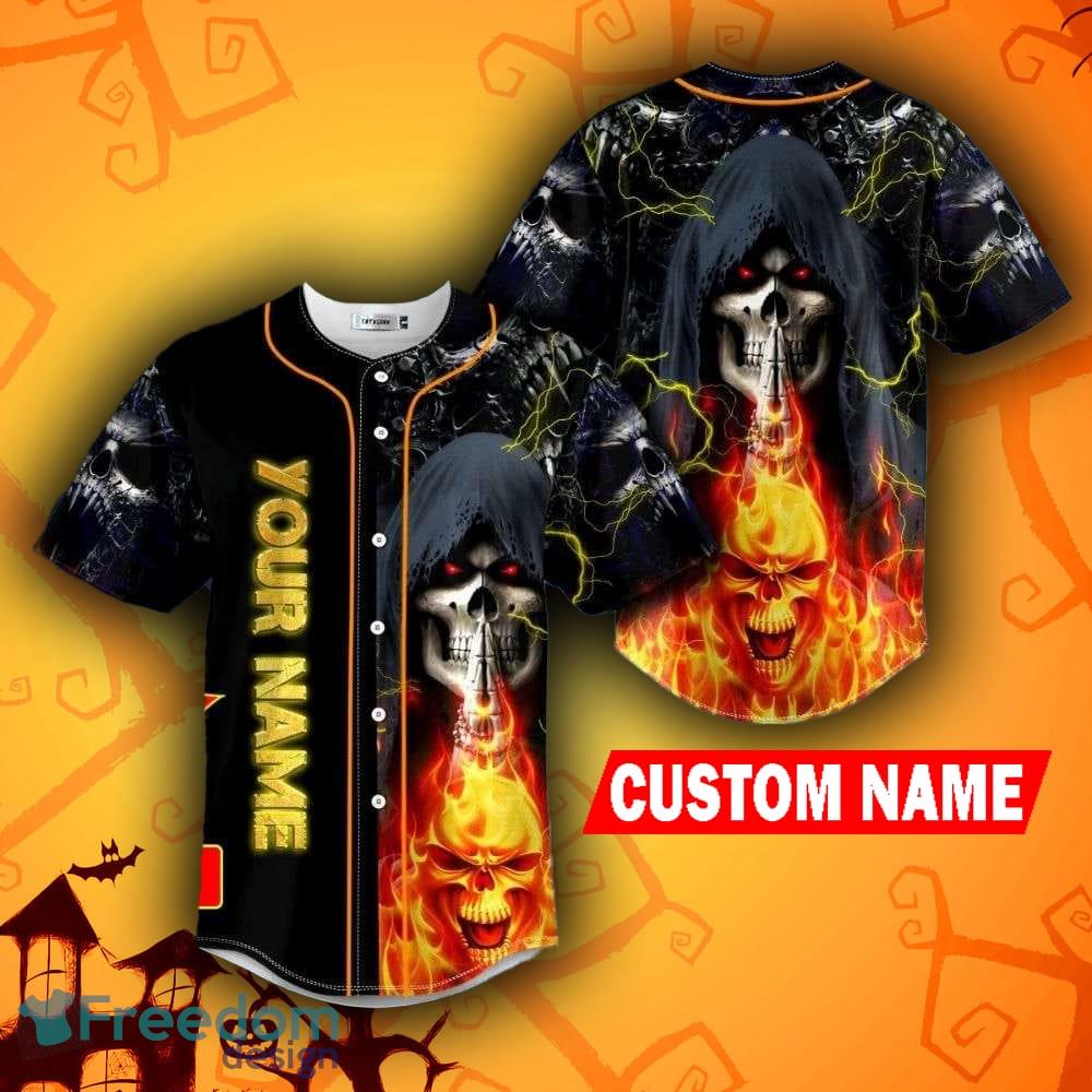 Custom Name Orange Grim Reaper Lightning Fire Baseball Jersey For