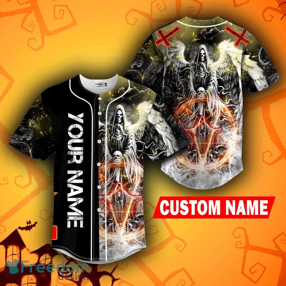 Grim Reaper Throne Zombie Ghost Fire Lightning Skull All Over Print  Baseball Jersey Shirt