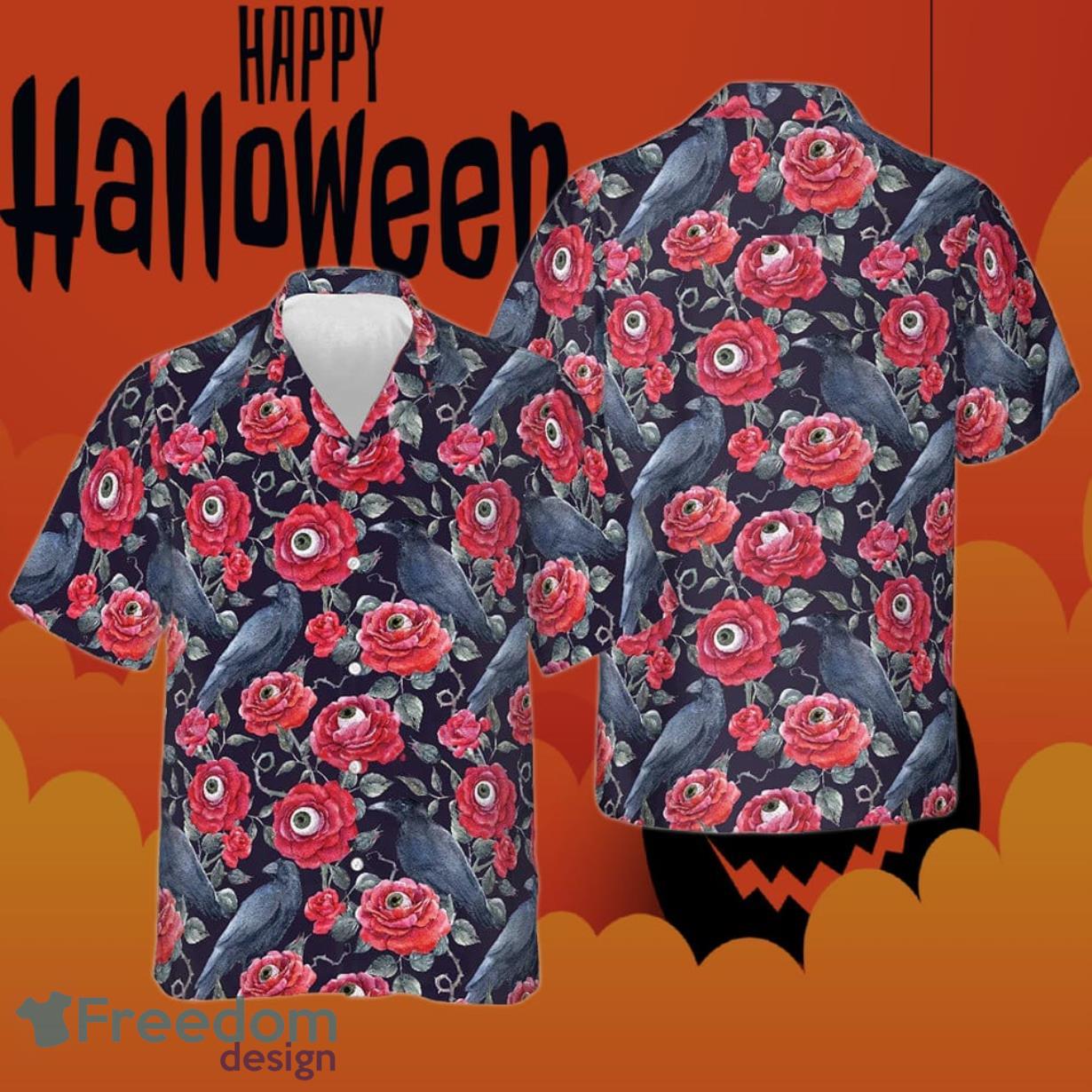 Halloween Darkness Hawaiian Shirt Raven Demon Eyes Roses Halloween Themed Gifts Product Photo 1