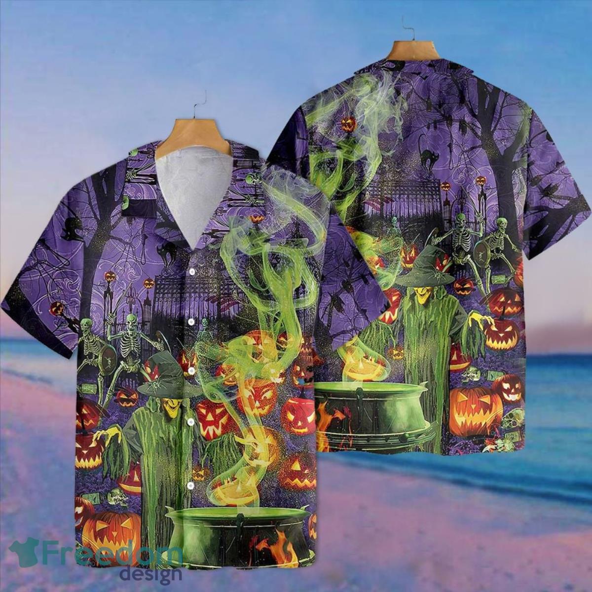 Halloween Hawaiian Shirt Witch Skeleton Pumpkin Halloween Themed Clothing Product Photo 1