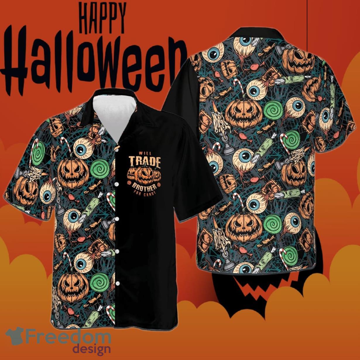 Halloween Scary Pumpkin Hawaiian Shirt Will Trade Brother For Candy Halloween Button Up Shirt Product Photo 1