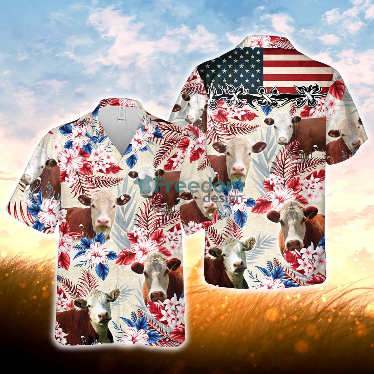 Hereford Cattle American Flag Hawaiian Flowers All Over Printed 3D Hawaiian Shirt For Men Women Product Photo 1