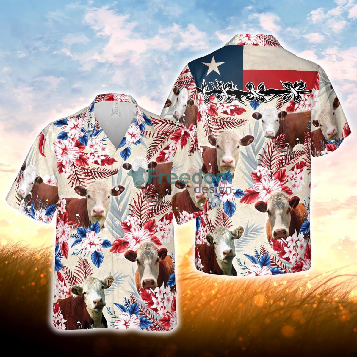 Hereford Cattle Texas Flag Hawaiian Flowers All Over Printed 3D Hawaiian Shirt For Men Women Product Photo 1