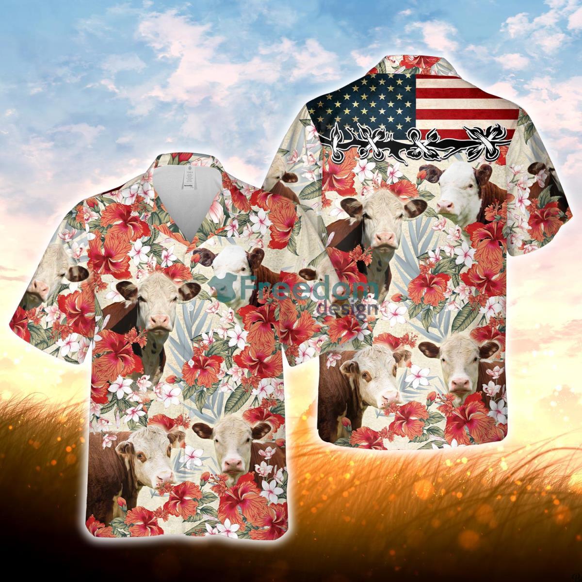 Hereford Hibicus Floral US Flag 3D Hawaiian Shirt For Men Women Product Photo 1