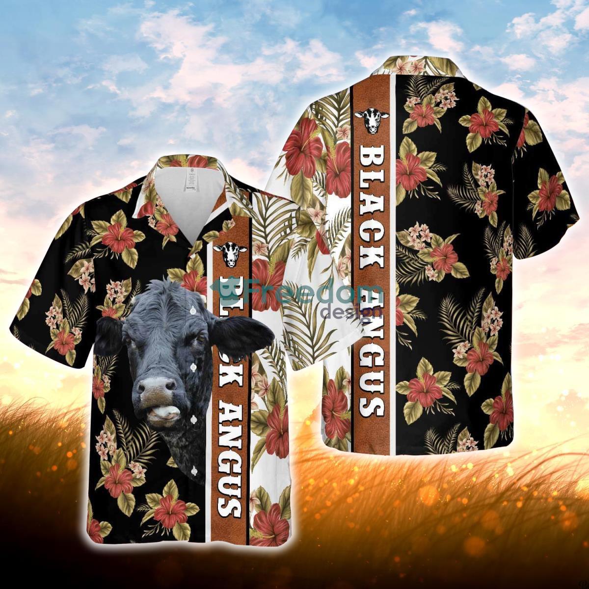 Hibiscus Flowers Black Angus Cattle Brown All Over Printed 3D Hawaiian Shirt For Men Women Product Photo 1