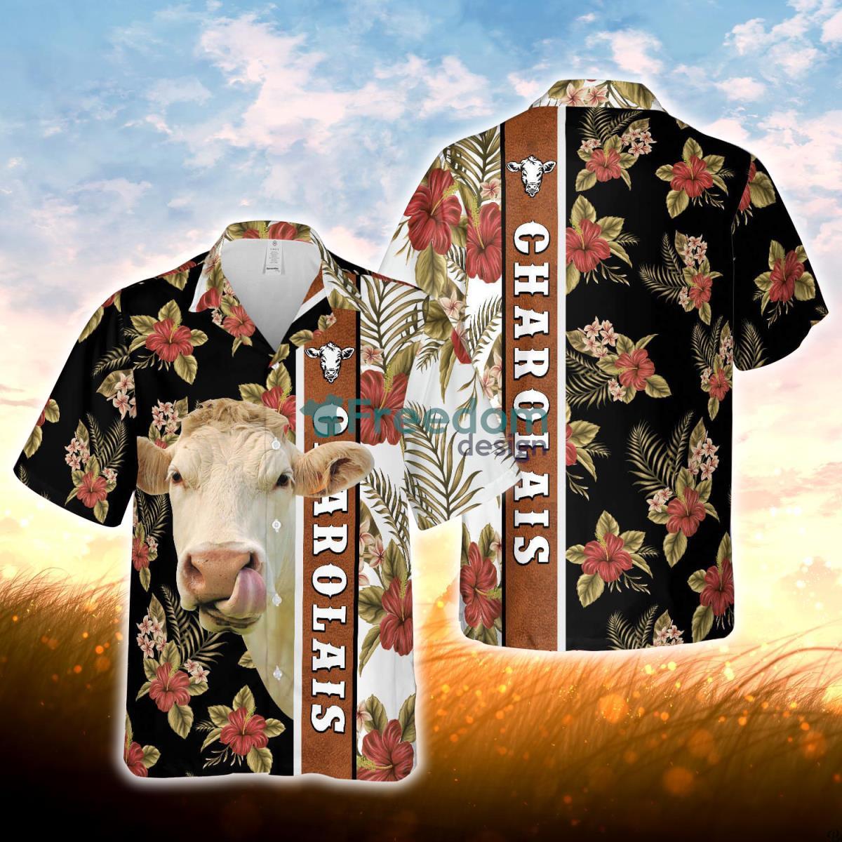 Hibiscus Flowers Charolais Cattle Brown All Over Printed 3D Hawaiian Shirt For Men Women Product Photo 1