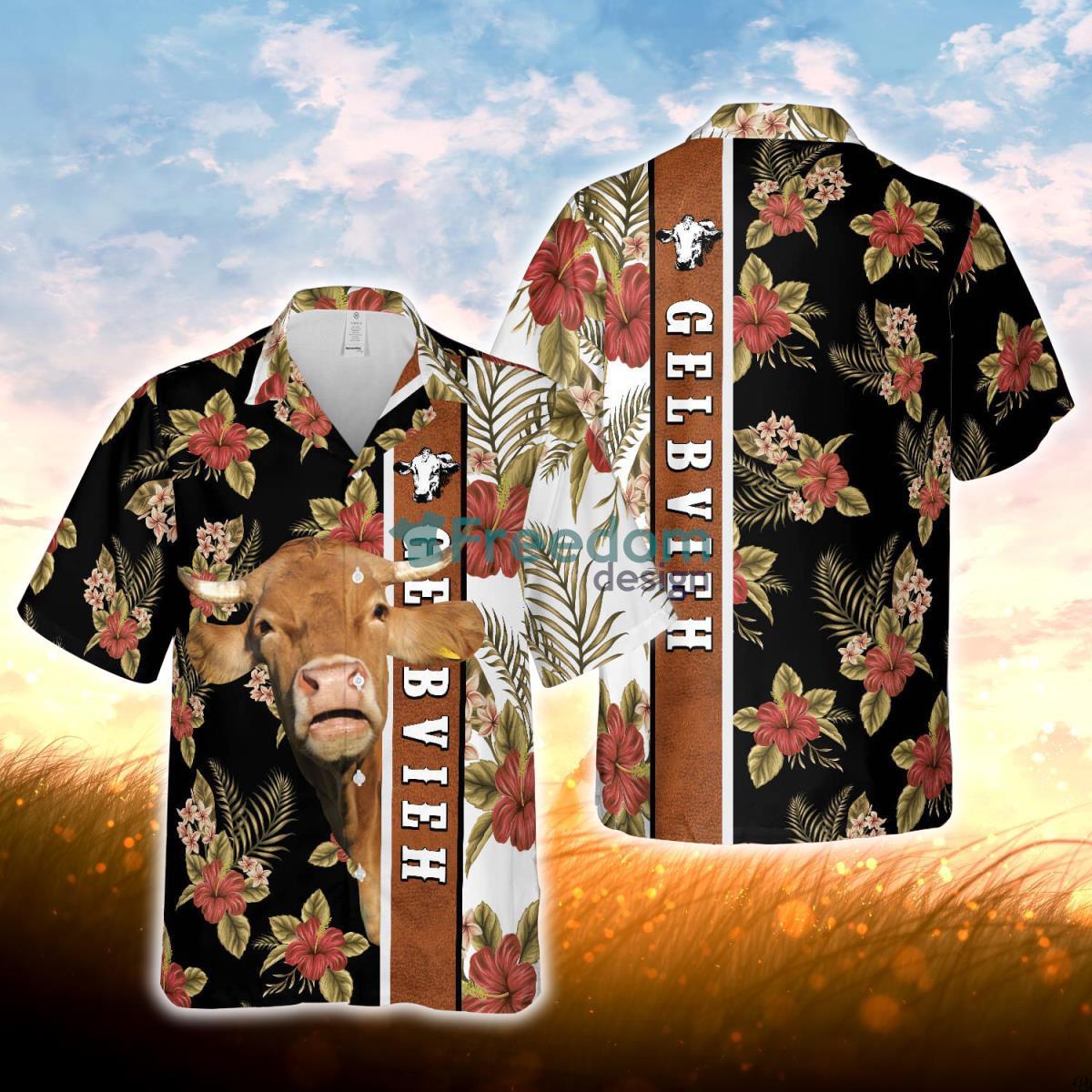 Hibiscus Flowers Gelbvieh Cattle Brown All Over Printed 3D Hawaiian Shirt For Men Women Product Photo 1