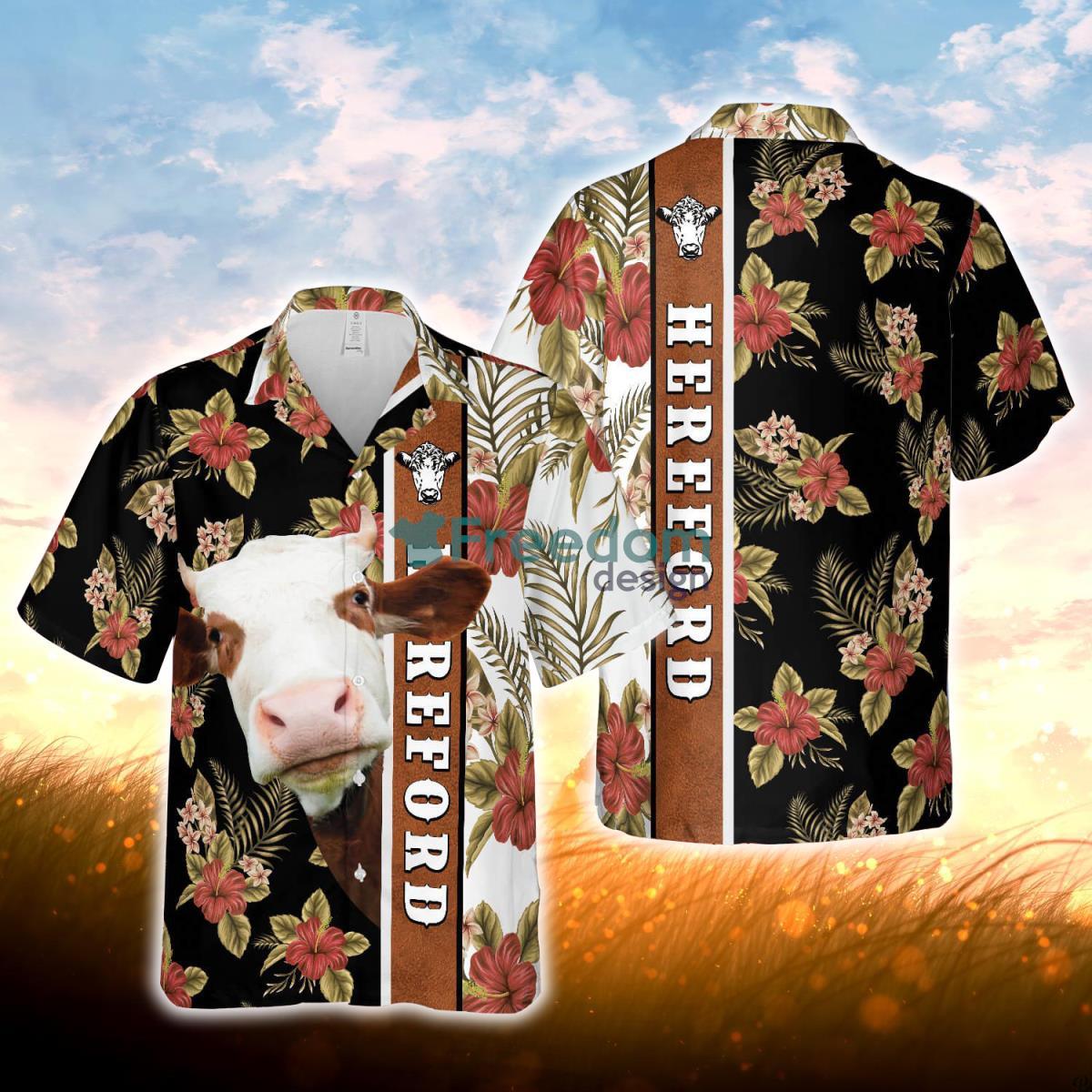 Hibiscus Flowers Hereford Cattle Brown All Over Printed 3D Hawaiian Shirt For Men Women Product Photo 1