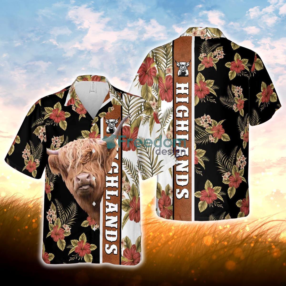 Hibiscus Flowers Highlands Cattle Brown All Over Printed 3D Hawaiian Shirt For Men Women Product Photo 1