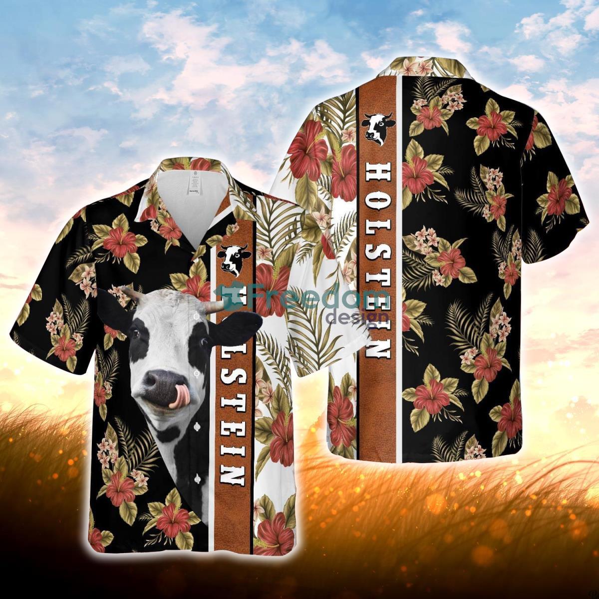 Hibiscus Flowers Holstein Cattle Brown All Over Printed 3D Hawaiian Shirt For Men Women Product Photo 1