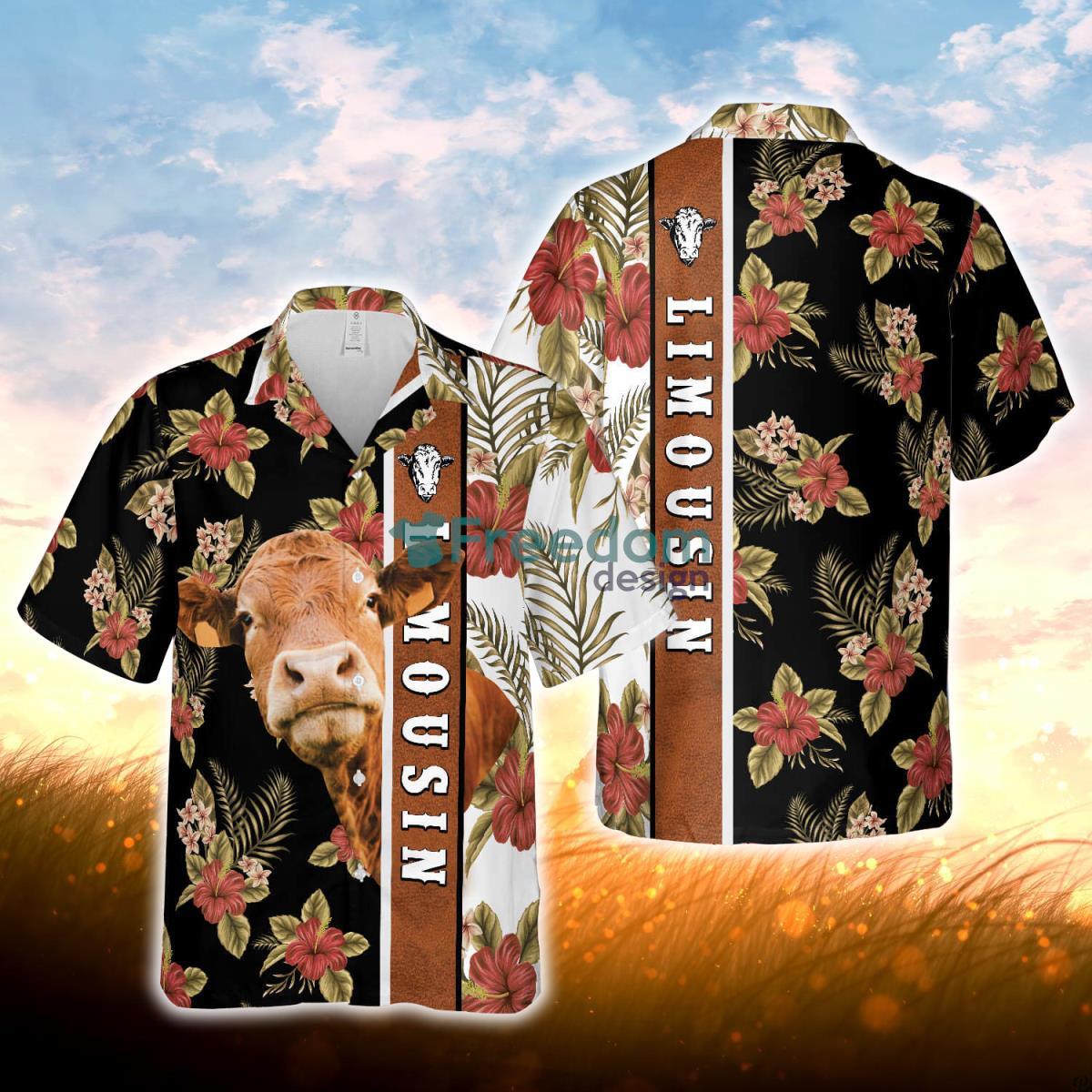 Hibiscus Flowers Limousin Cattle Brown All Over Printed 3D Hawaiian Shirt For Men Women Product Photo 1