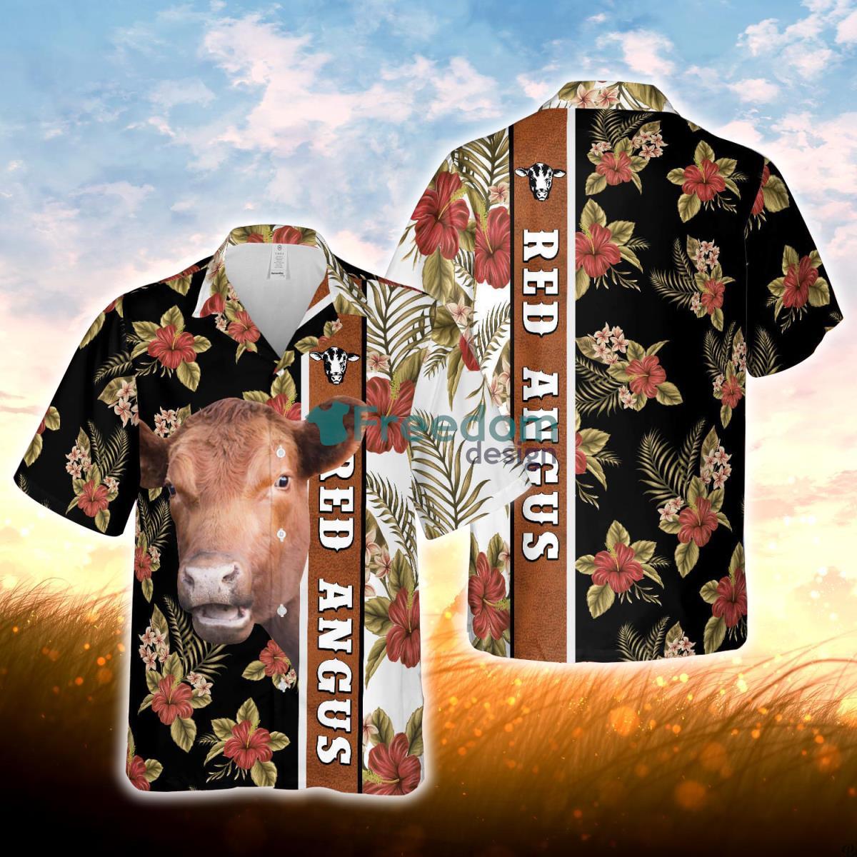 Hibiscus Flowers Red Angus Cattle Brown All Over Printed 3D Hawaiian Shirt For Men Women Product Photo 1