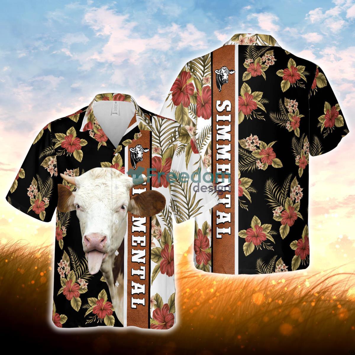 Hibiscus Flowers Simmental Cattle Brown All Over Printed 3D Hawaiian Shirt For Men Women Product Photo 1