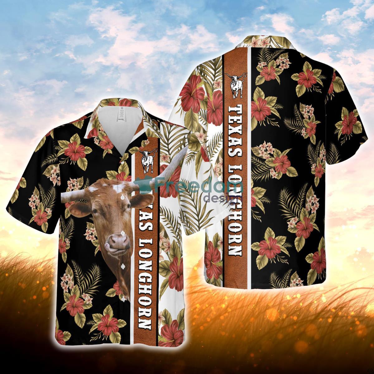 Hibiscus Flowers Texas Longhorn Cattle Brown All Over Printed 3D Hawaiian Shirt For Men Women Product Photo 1