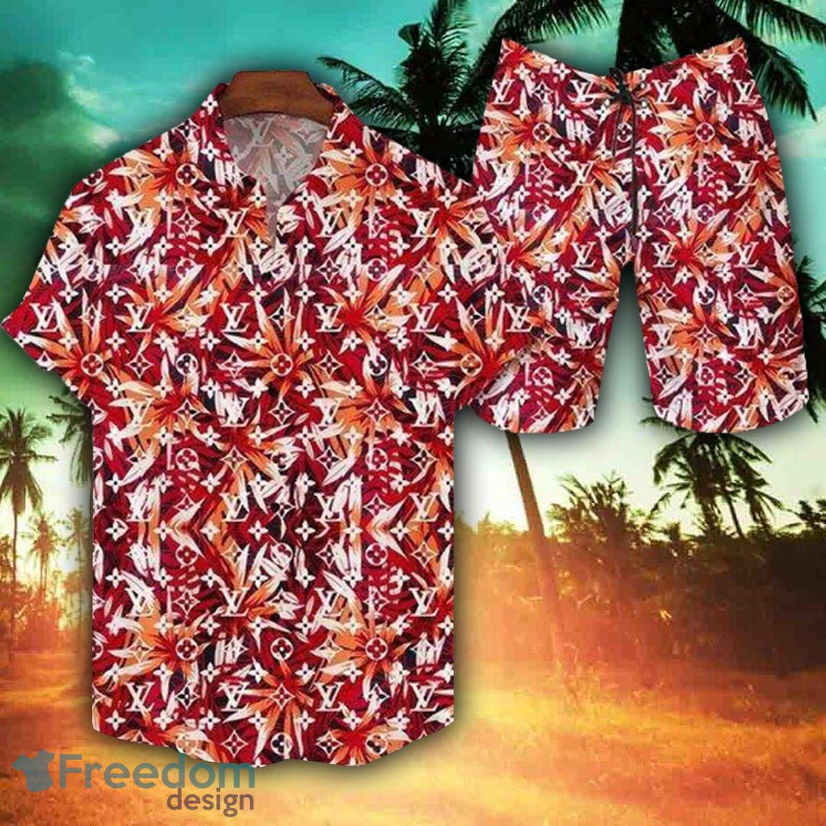 Louis Vuitton Logo Monogram Red Hawaiian Shirt And Beach Shorts