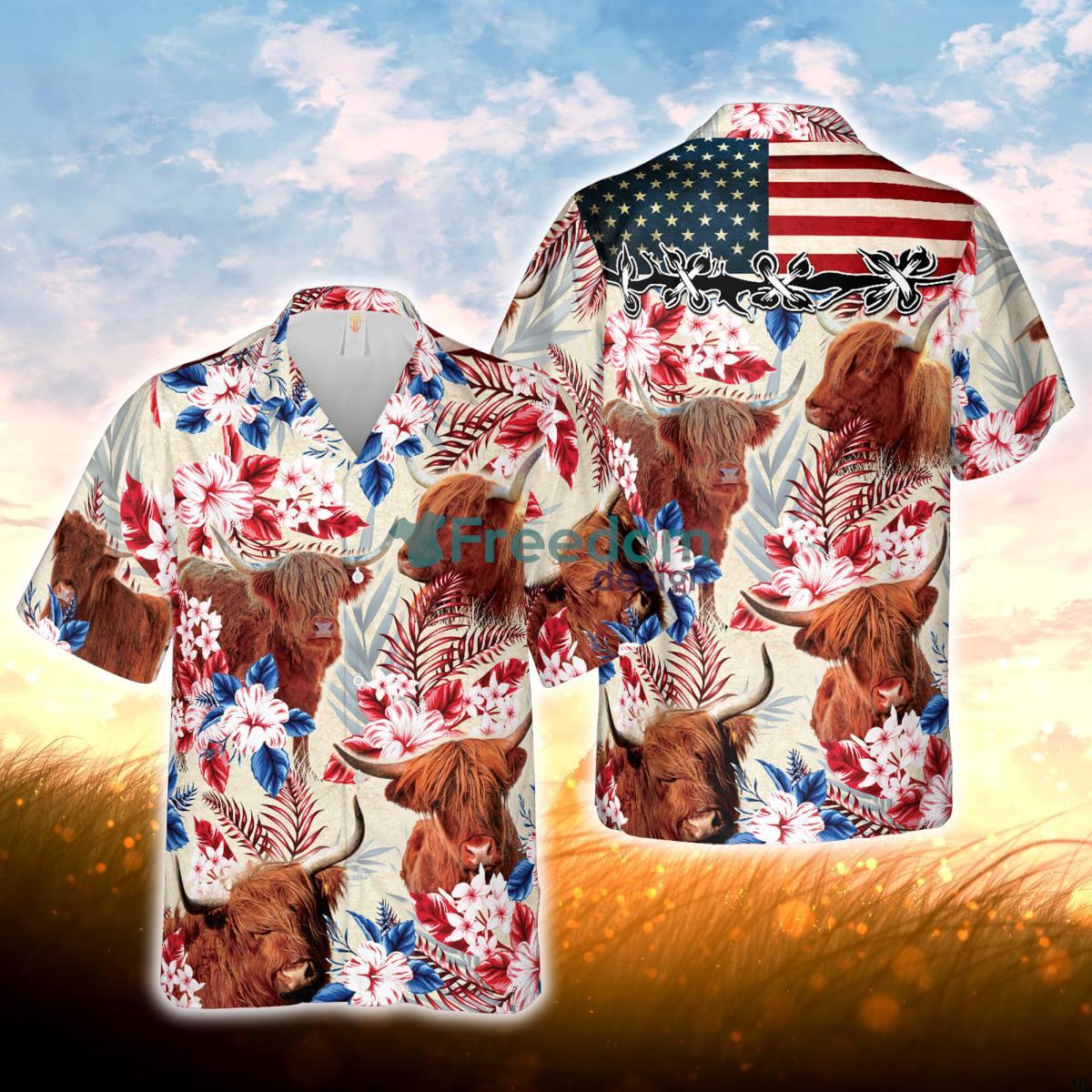 Highland Cattle American Flag Hawaiian Flowers All Over Printed 3D Hawaiian Shirt For Men Women Product Photo 1