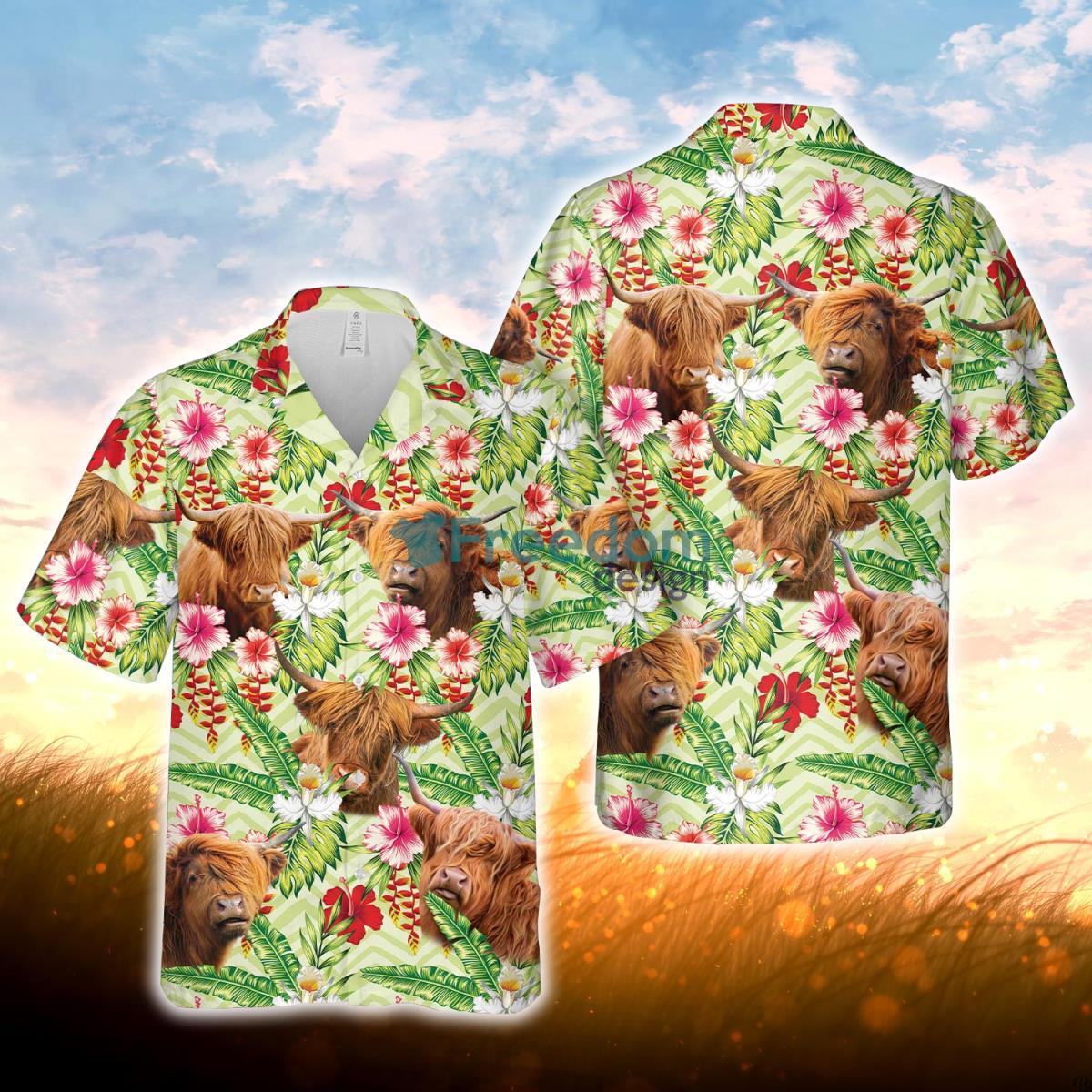 Highland Hibicus Floral 3D Hawaiian Shirt For Men Women Product Photo 1