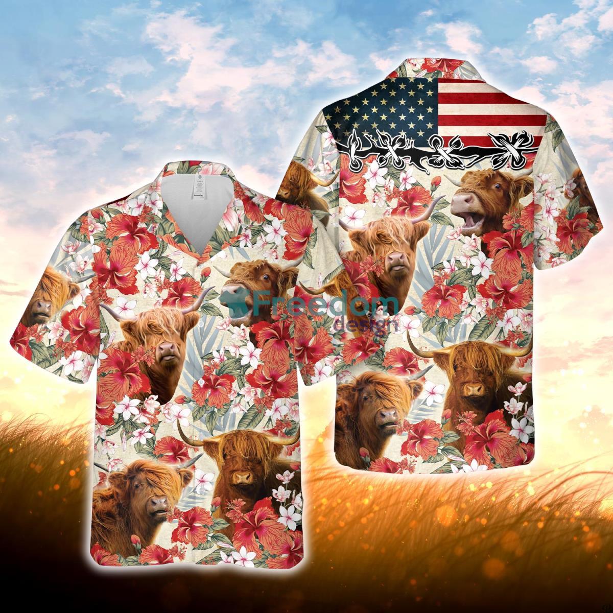 Highland Hibicus Floral US Flag 3D Hawaiian Shirt For Men Women Product Photo 1