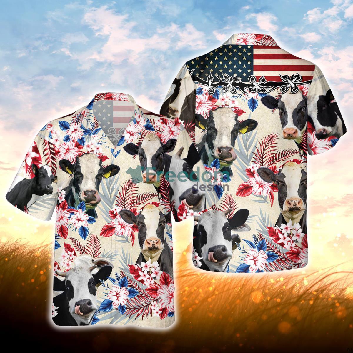 Holstein Friesian Cattle American Flag Hawaiian Flowers All Over Printed 3D Hawaiian Shirt For Men Women Product Photo 1