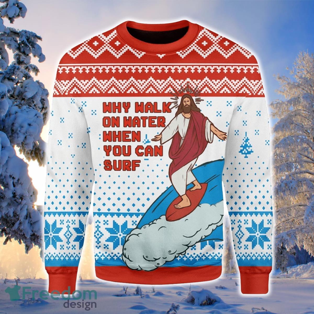 Jesus Surfing 3D Sweater Ugly Christmas Sweater For Men Women Product Photo 1