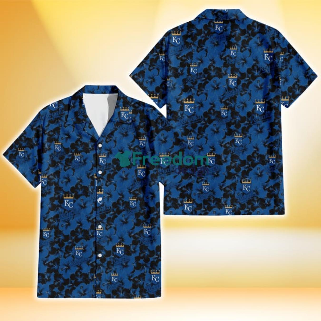 Kansas City Royals Black Dark Blue Hibiscus Black Background 3D Hawaiian Shirt Gift For Fans Product Photo 1