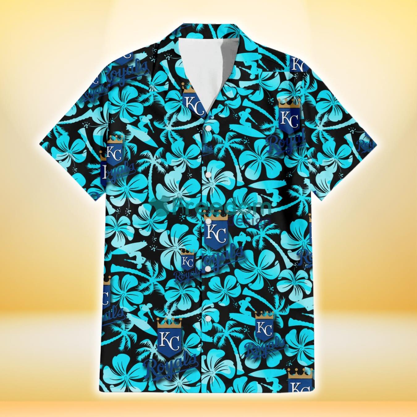 Kansas City Royals Blue Hibiscus Blue Coconut Tree Black Background 3D Hawaiian Shirt Gift For Fans Product Photo 2