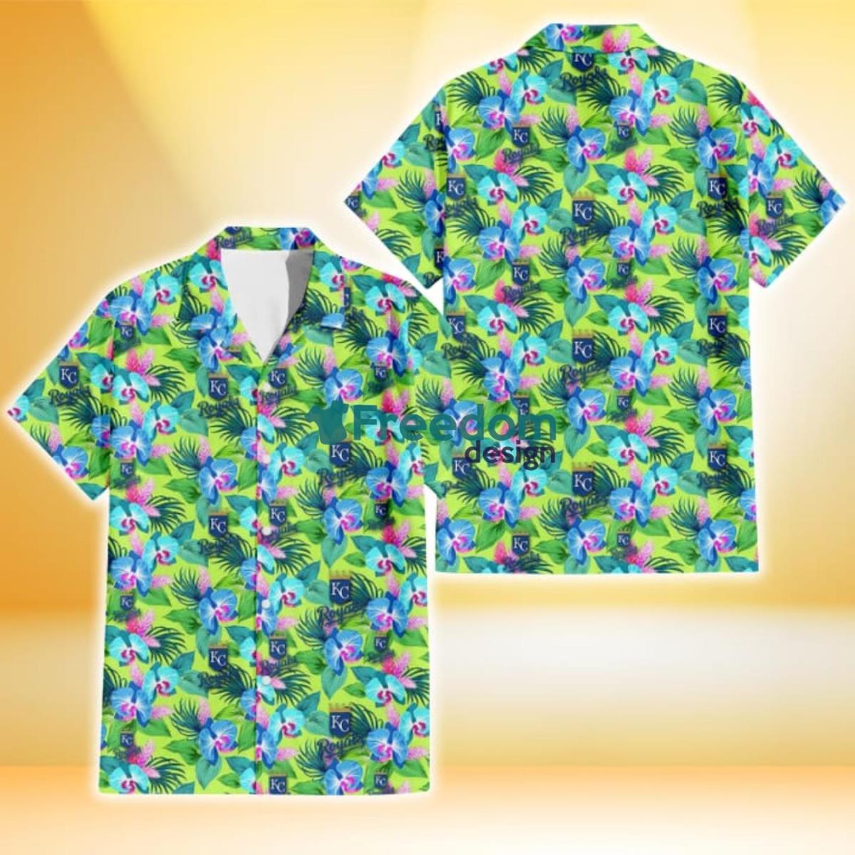 Kansas City Royals Blue Orchid Green Pink Leaf Green Background 3D Hawaiian Shirt Gift For Fans Product Photo 1