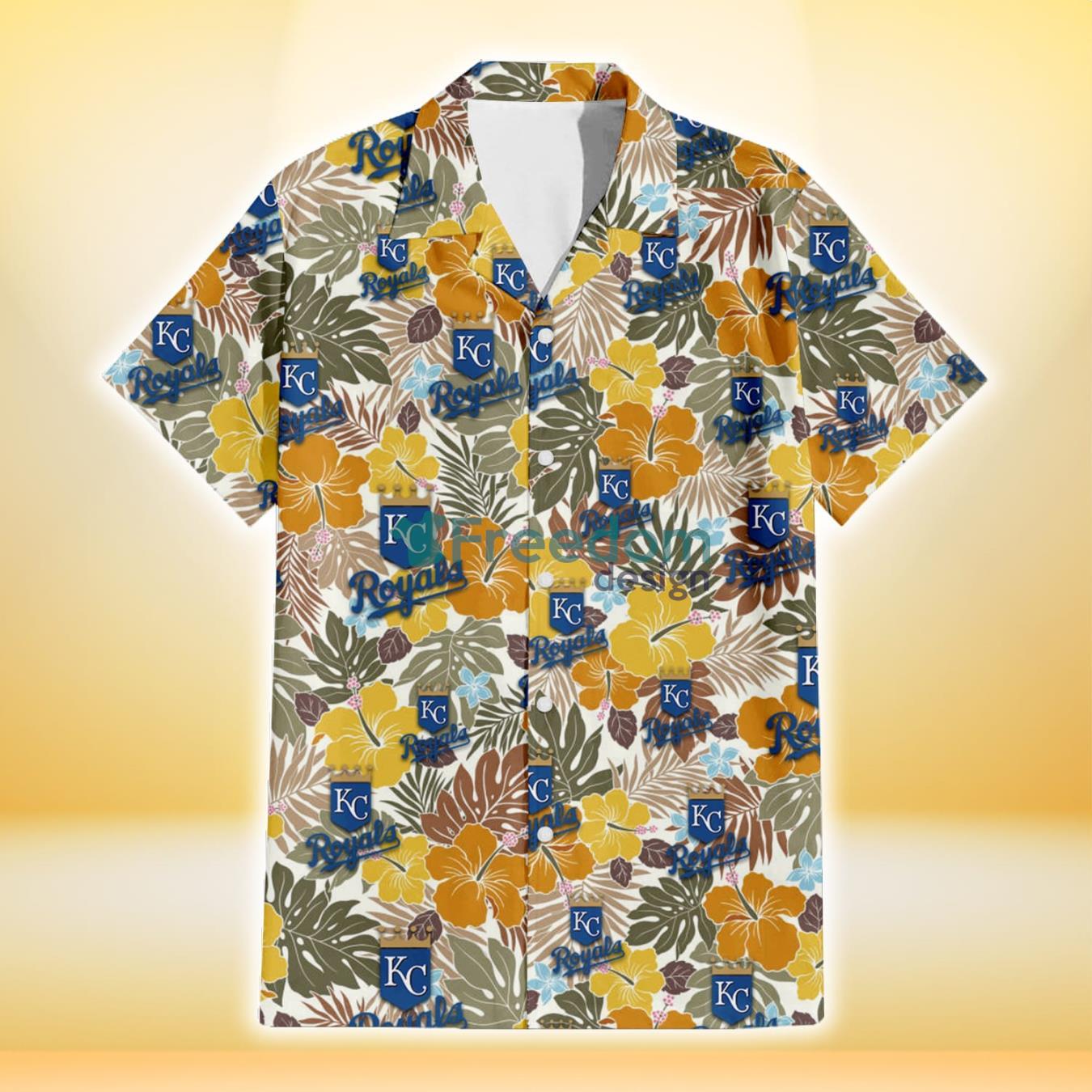 Kansas City Royals Brown Yellow Hibiscus White Background 3D Hawaiian Shirt Gift For Fans Product Photo 2