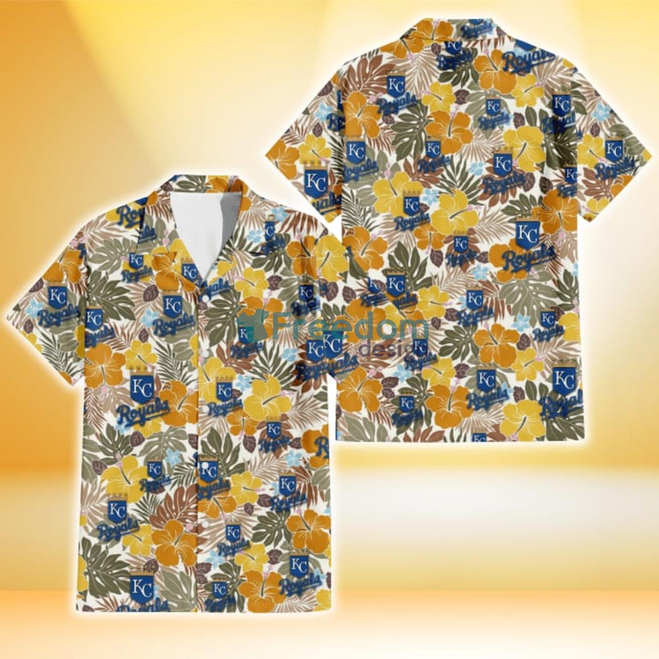 Kansas City Royals Brown Yellow Hibiscus White Background 3D Hawaiian Shirt Gift For Fans Product Photo 1