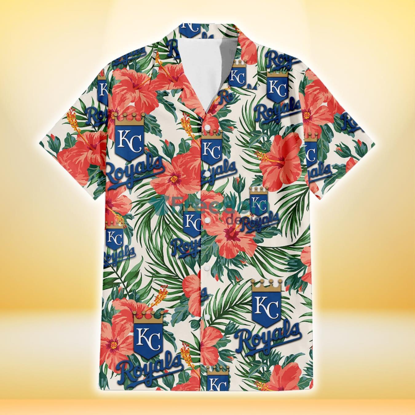 Kansas City Royals Coral Hibiscus Green Leaf Beige Background 3D Hawaiian Shirt Gift For Fans Product Photo 2