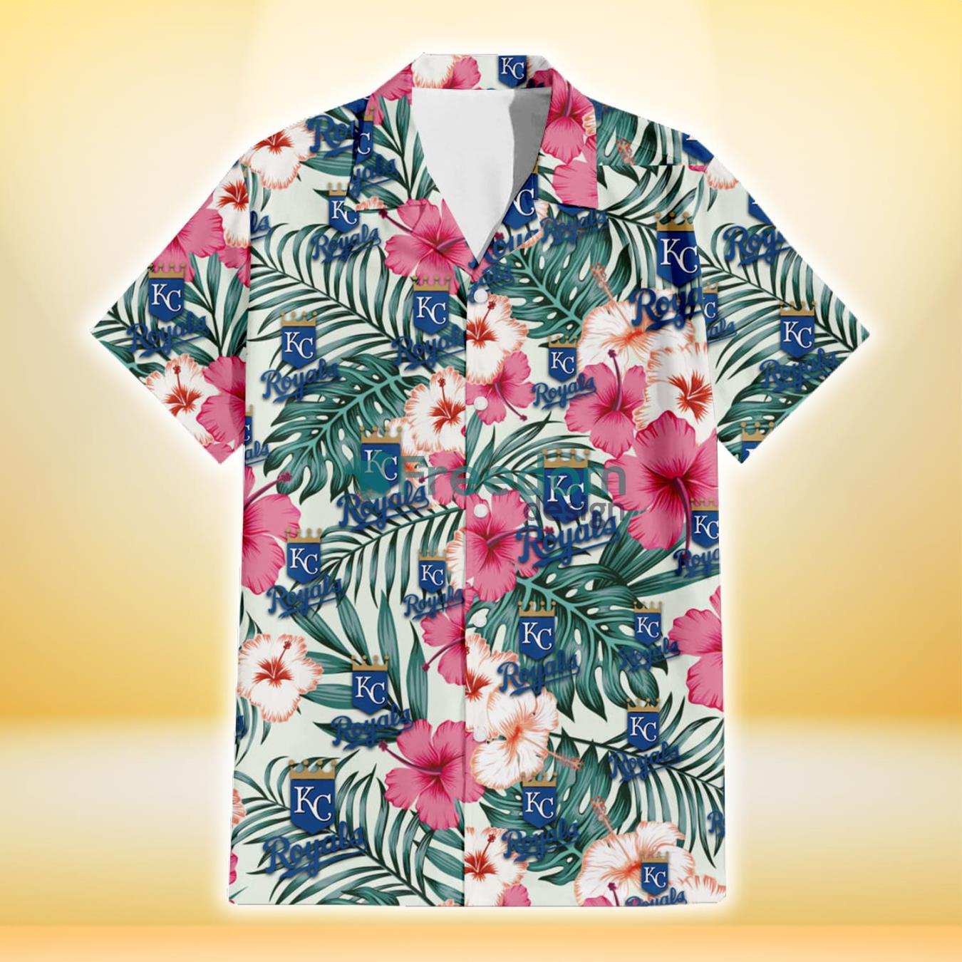 Kansas City Royals Coral Pink Hibiscus Green Leaf Beige Background 3D Hawaiian Shirt Gift For Fans Product Photo 2