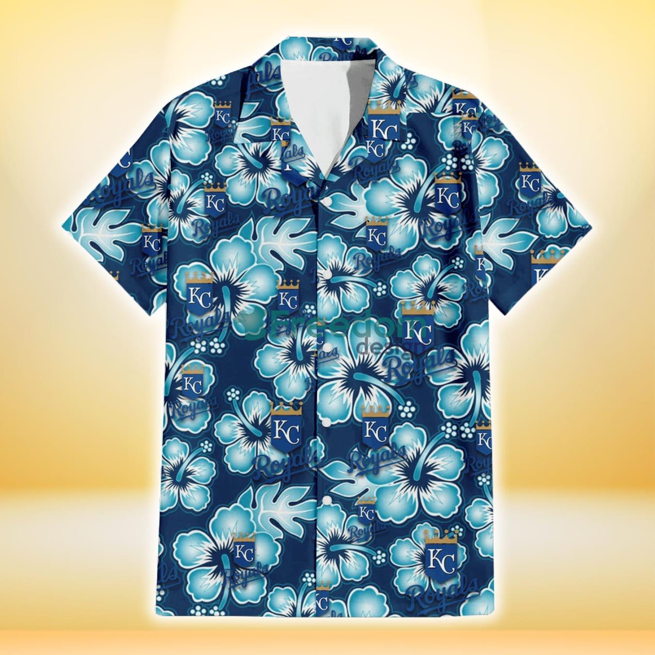 Kansas City Royals Dark Turquoise Hibiscus Navy Background 3D Hawaiian Shirt Gift For Fans Product Photo 2