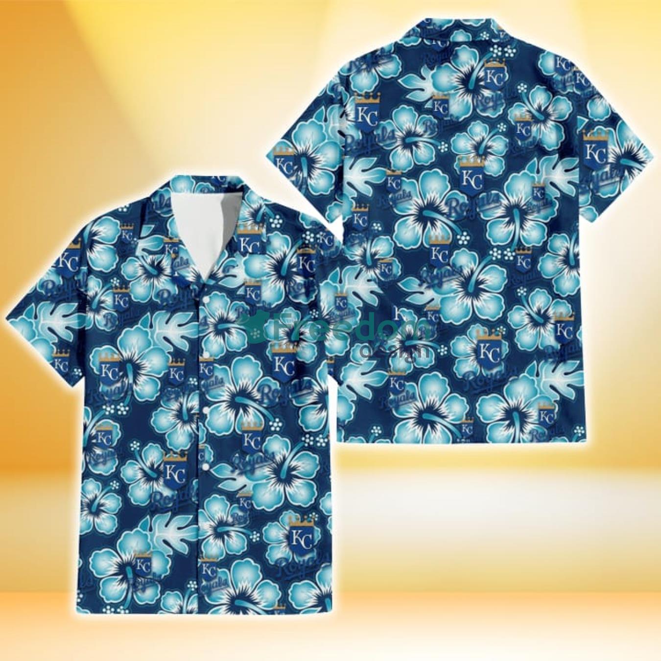 Kansas City Royals Dark Turquoise Hibiscus Navy Background 3D Hawaiian Shirt Gift For Fans Product Photo 1